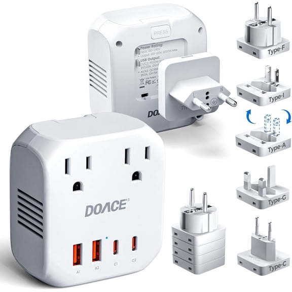 2000W Voltage Converter US to Europe for Hair Dryer - 220V to 110V Converter for European Travel, Power Converter Adapter Combo with 2 PD/QC Chargers & UK/AU/US/IT/European Travel Plug Adapters