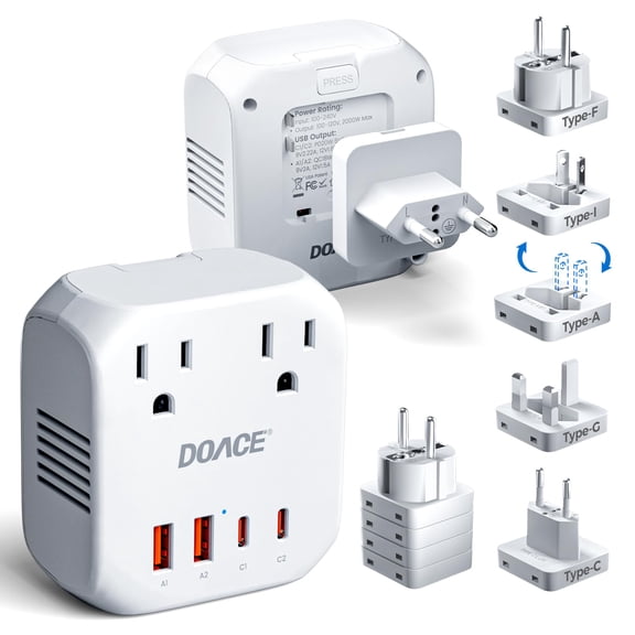 2000W Voltage Converter US to Europe for Hair Dryer - DOACE 220V to 110V Converter for European Travel, Power Converter Adapter Combo with 2 PD/QC Chargers & UK/AU/US/IT/European Travel Plug Adapters