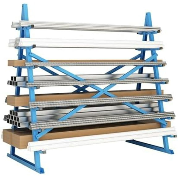 2000lbS hORIZONTAL sTORAGE rACK, 7-tIER fLOOR sTANDING aDJUSTABLE lUMBER sTORAGE rACK, hEAVY dUTY sTEEL bAR, pIPE, lONG pARTS oRGANIZER sHELF FOR gARAGE wORKSHOP sHED bASEMENT, bLUE