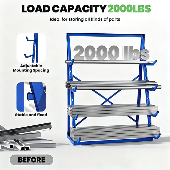 2000lbs Lumber Storage Rack, 4 Tier Adjustable Cantilever Rack, Blue Steel Pipe Organizer Shelf, 14.5"d x 48.3"w x 61"h for Garage Workshop