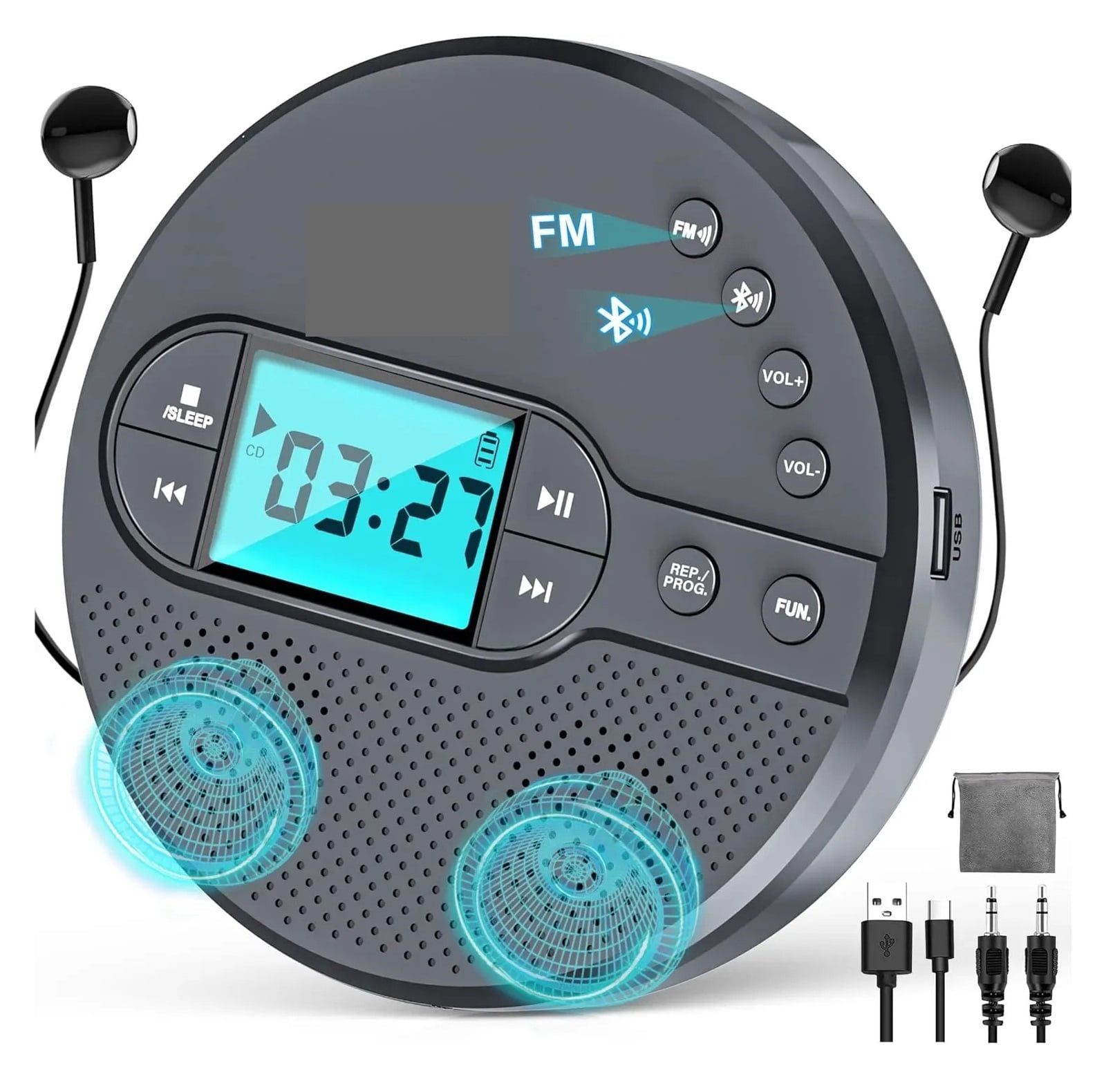 2000mAh Rechargeable CD Player with Bluetooth, FM, Headphones, LCD, AUX, Speaker ,Multi-Functional
