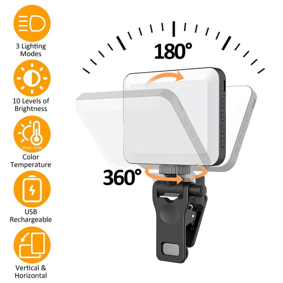 2000mAh Rechargeable Selfie Fill Light Portable Clip On Light w/ 3Modes 10Brightness Levels