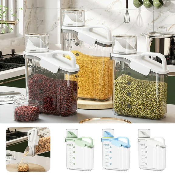 2000ml/2800ml Cereal Storage Box Multifunctional Transparent Large Diameter Sealed Space-saving Moisture-proof Handle Design Oatmeal Dispenser Food Grain Rice Container for Kitchen