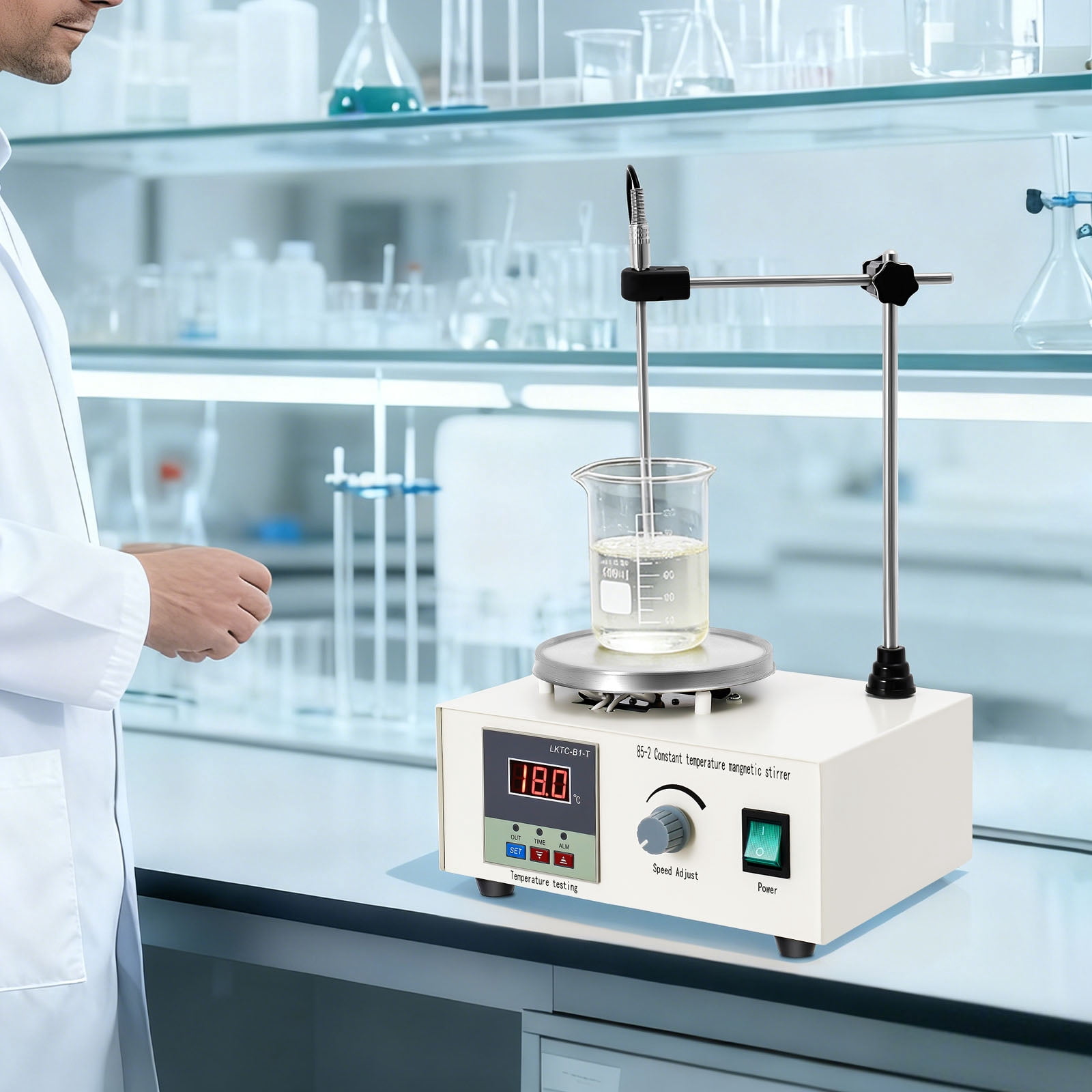 Produktbild von 250W Magnetrührer Mit Heizplatte – Digitaler Rührer Mit LCD, 2000 Ml, 0-2000 U/min, Inkl. Ständer & Rührstab, Temperaturregelung Bis 99 °C