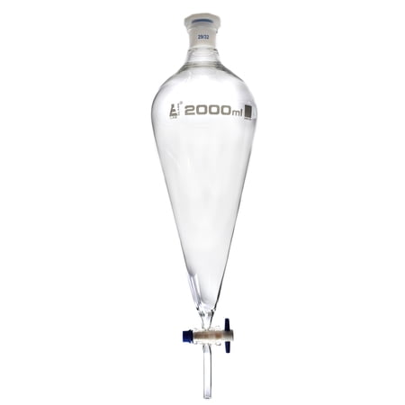2000ml Separating Funnel, Squibb, Interchangeable Plastic Stopper, 29/32 Socket Size - Borosilicate Glass, PTFE key Stopcock - Eisco Labs