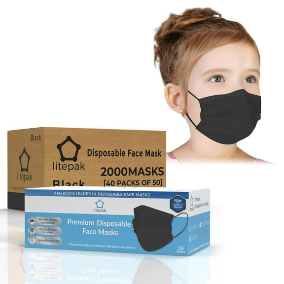 2000pcs Kids Disposable Face Masks - 3 Ply Kids Masks for Boys Girls (Black)