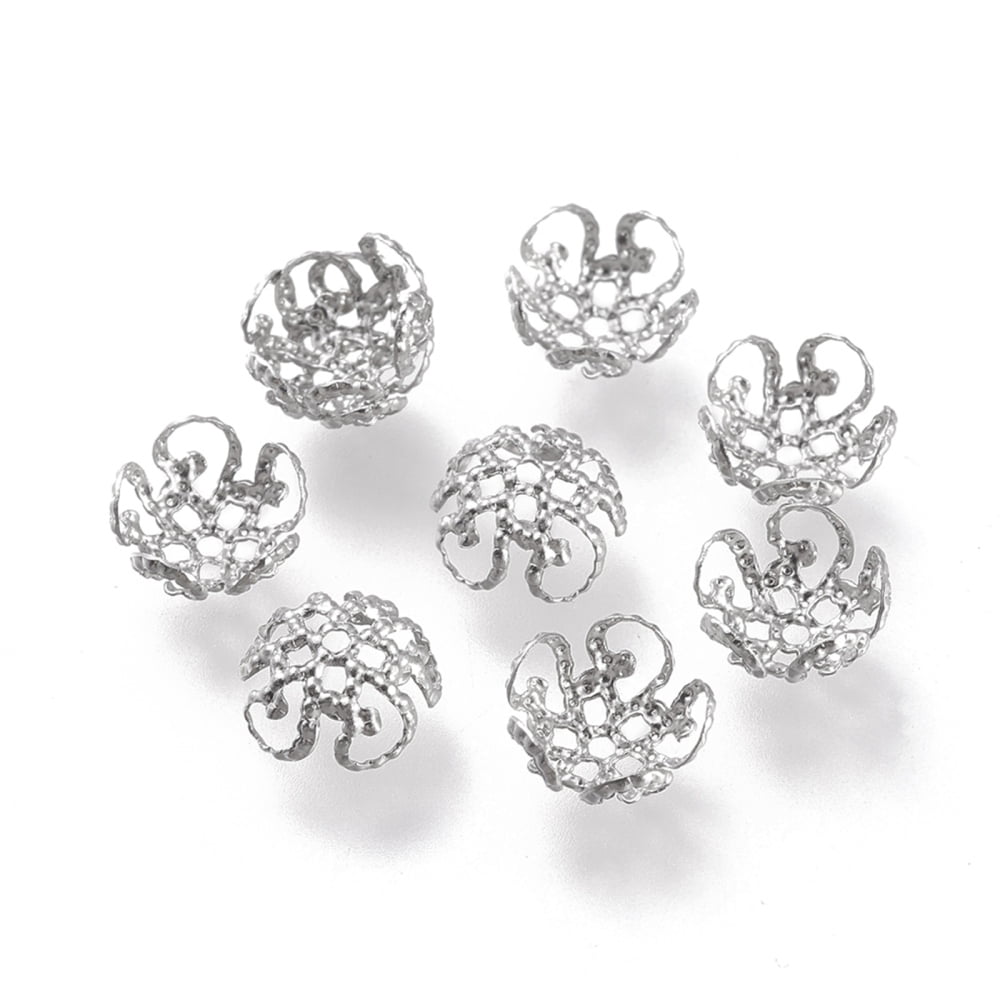 2000pcs Non-Tarnish 316 Stainless Steel Fancy Bead Caps Hollow 5-Petal Flower Stainless Steel color 8x8x4mm Hole: 1mm