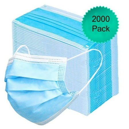 2000pk Disposable Face Mask for Adults, 3 Layer Protective Ear Loop Mouth Cover