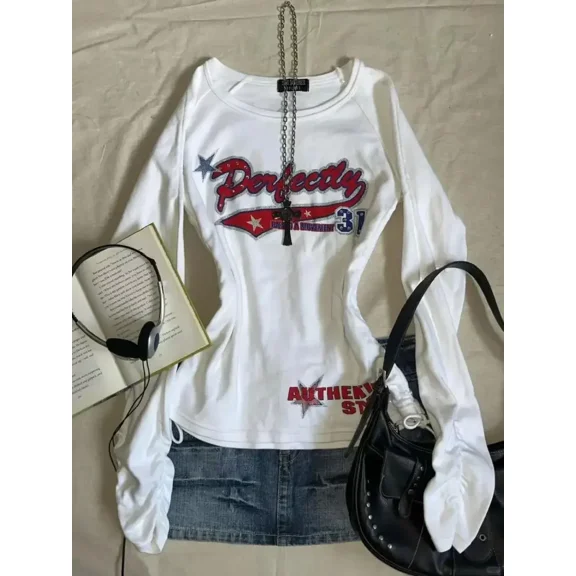 2000s American Vintage Gothic Black Women T-shirts Punk Style Graphic Grunge Tshirts Harajuku Y2k Long Sleeve Tops Streetwear