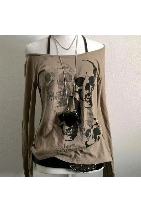 2000s American Vintage Gothic Black Women T-shirts Punk Style Graphic Grunge Tshirts Harajuku Y2k Long Sleeve Tops Streetwear