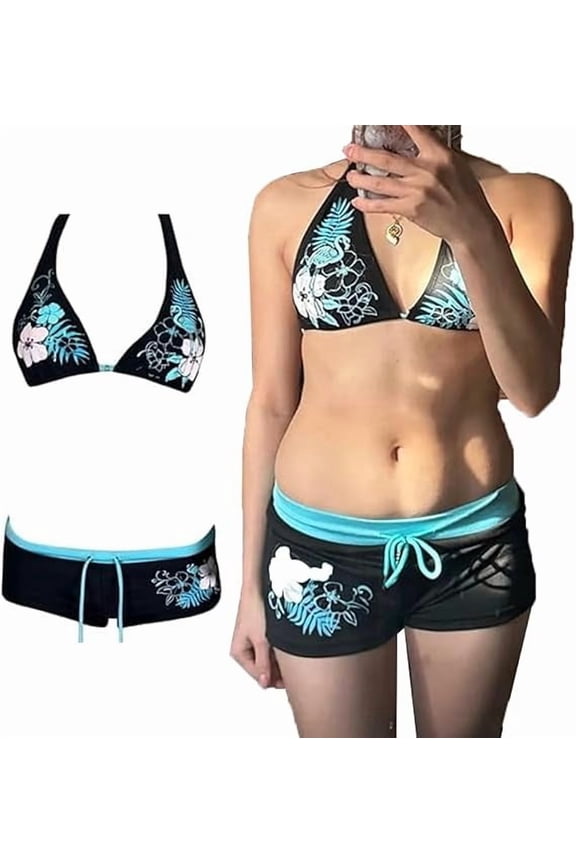 2000s Bathing Suit 2 Piece Y2k Halter Bikini Grunge Swimsuit Goth Outfits Set Alternative Aesthetic Triangle Bikini
