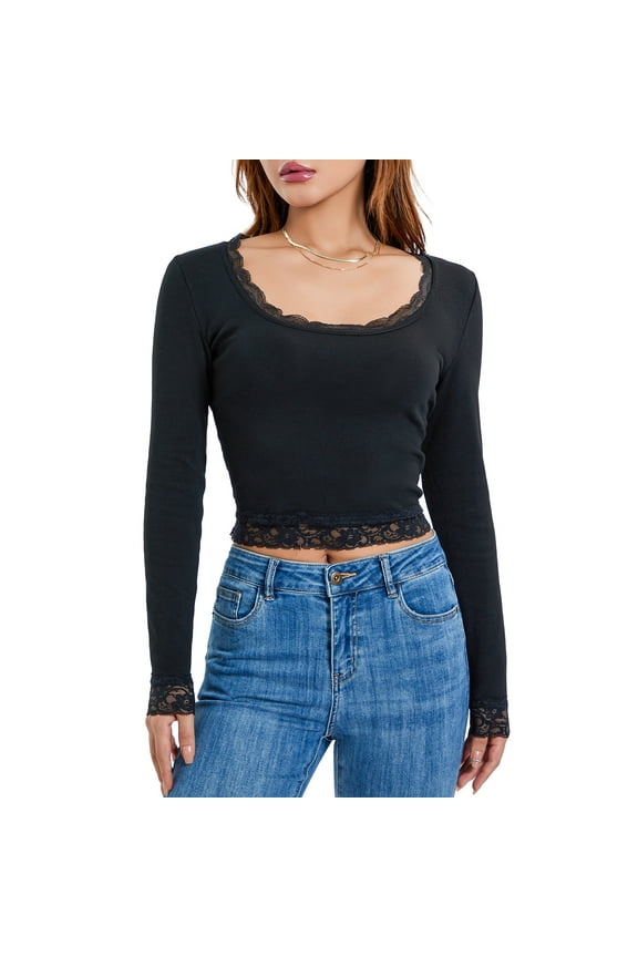 2000s Graphic T Shirt Vintage Fairy Grunge Women Autumn Lace Trim Long Sleeve Slim Fits Tops y2k Clothes Basic Harajuku Tees