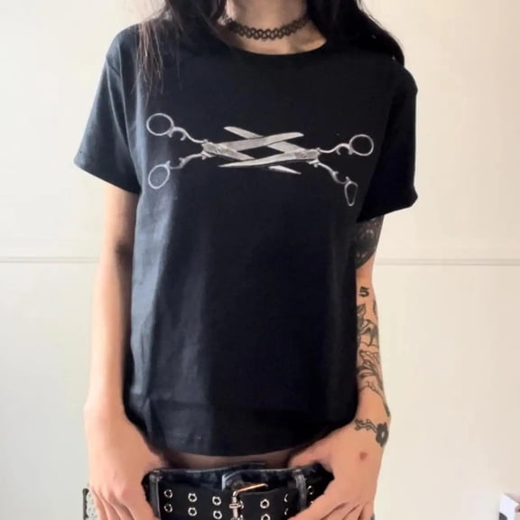2000s Harajuku Punk Goth Grunge Vintage Emo Kpop Sexy Slim Crop Short Sleeve Crew Neck Cotton T-Shirt Summer Fashion Top for Women