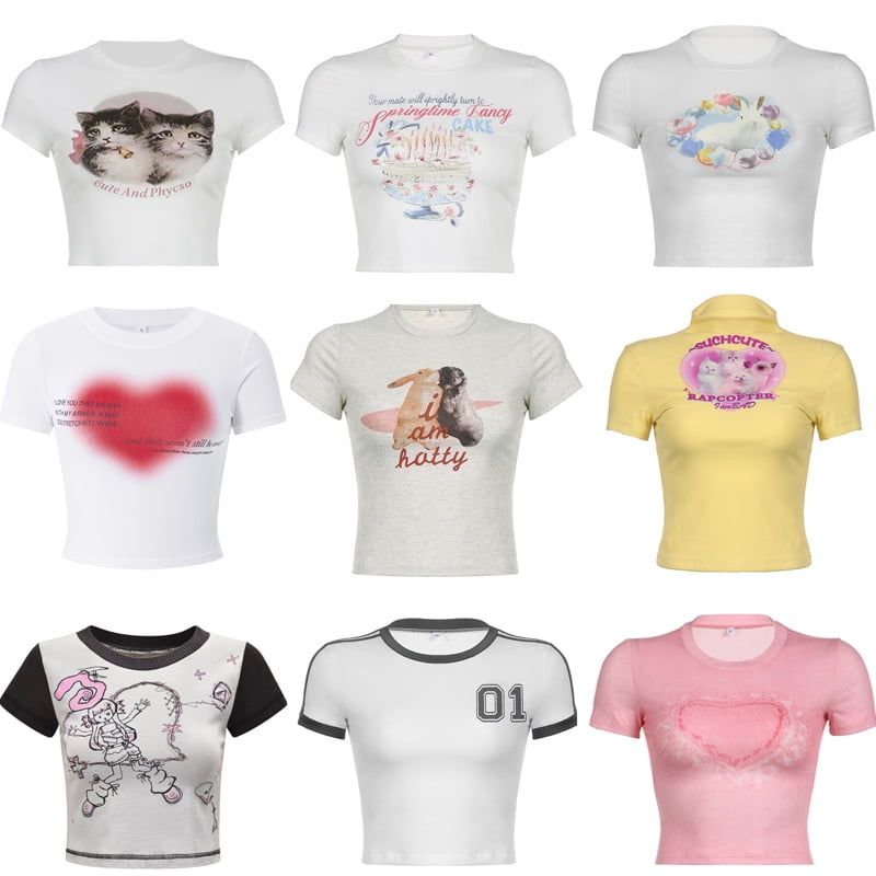 2000s Retro Korean Cute Girl Baby Tees Y2K Cartoon Graphics Print T