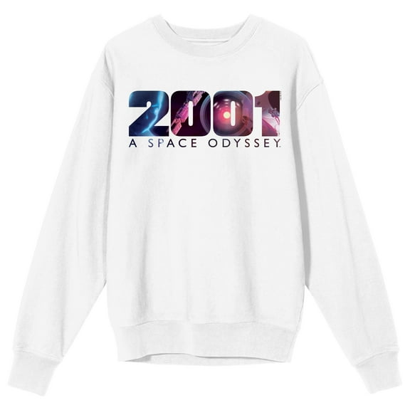 2001 A Space Odyssey Galaxy Text Logo Crew Neck Long Sleeve Women's White Sweatshirt-Large