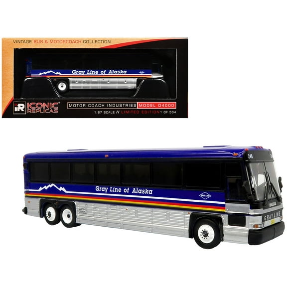 2001 MCI D4000 Coach Bus "Gray Line of Alaska" Dark Blue with Stripes "Vintage Bus & Motorcoach Collection" Limited Edition to 504 pieces Worldwide 1/87 (HO) Diecast Model by Iconic Replicas