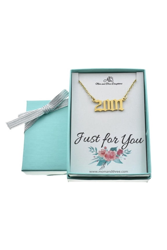 2001 Necklace in Gold Toned Stainless Steel. Birthday Gifts for Her. Year Necklace. Birthday Jewelry. Birth Year. Old English Year