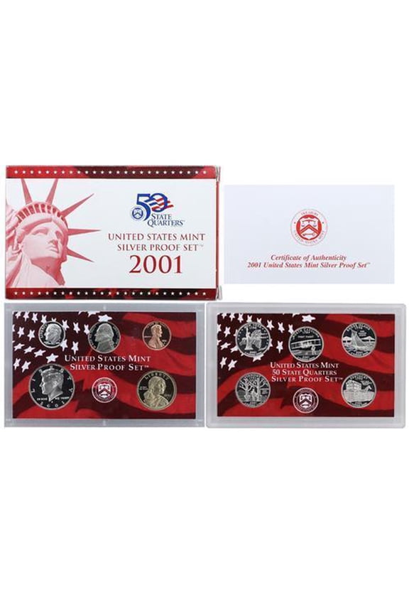 2001 Silver Proof Set - U.S. Mint 10-Coin Set - Includes Silver State Quarters