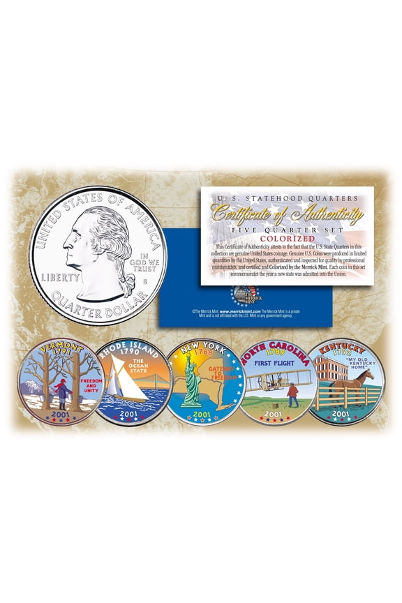 2001 US Statehood Quarters COLORIZED Legal Tender 5-Coin Complete Set w/Capsules