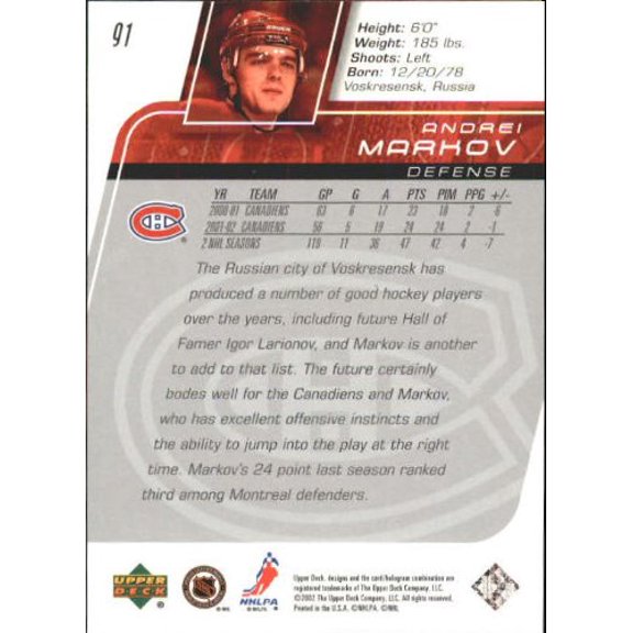 2002-03 Upper Deck #91 Andrei Markov NHL Hockey Trading Card