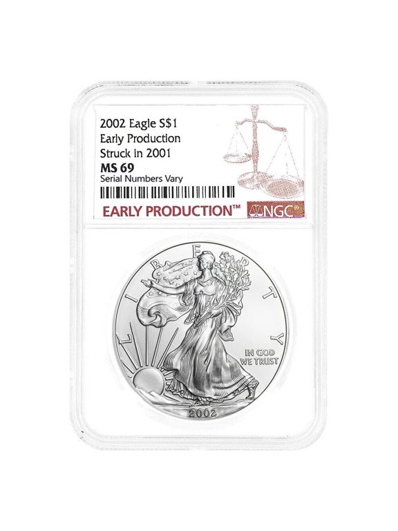 2002 1 oz Silver American Eagle Struck in 2001 NGC MS 69 Early Production