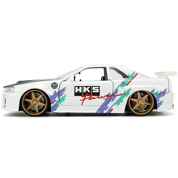 2002 Nissan Skyline GT-R (R34) RHD (Right Hand Drive) "HKS Power" White with Carbon Hood and Graphics "JDM Tuners" Series 1/24 Diecast Model Car by Jada