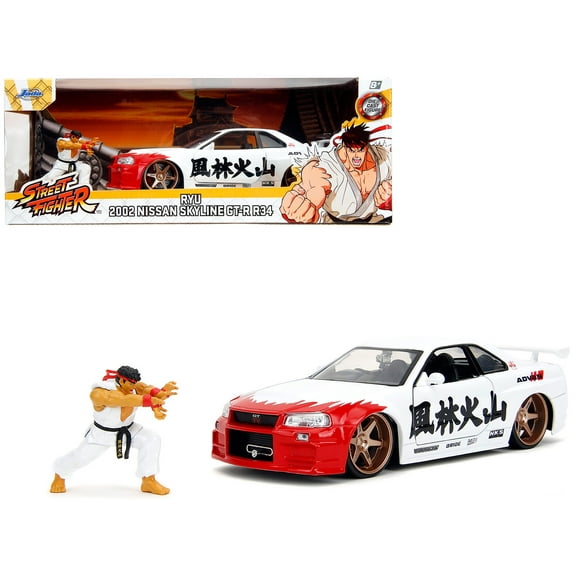 2002 Nissan Skyline GT-R (R34) RHD (Right Hand Drive) White with Red Graphics and Ryu Diecast Figure "Street " Video Game "Anime Hollywood Rides" Series 1/24 Diecast Model Car by Jada
