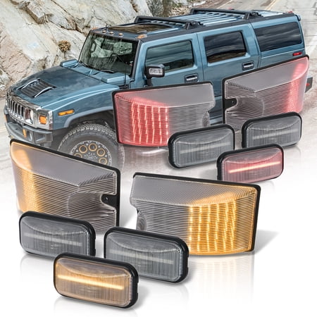 For 2003-2009 Hummer H2 / H2 SUT (10-Pieces) Front Amber + Rear Red LED Top Cab Roof Marker Light Lamp Assembly Set (Clear Lens) - SUV Truck 04 05 06 07 08
