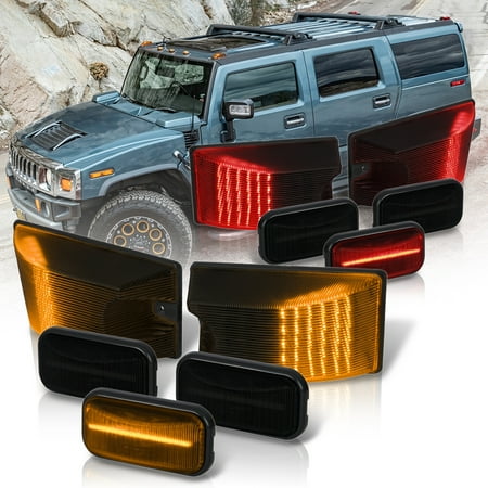 For 2003-2009 Hummer H2 / H2 SUT (10-Pieces) Front Amber + Rear Red LED Top Cab Roof Marker Light Lamp Assembly Set (Smoked Lens) - SUV Truck 04 05 06 07 08