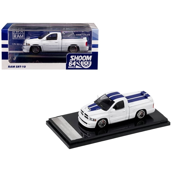 2003 Dodge Ram SRT-10 Pickup Truck White with Blue Stripes 1/64 Diecast Model Car by Shoom64 Models
