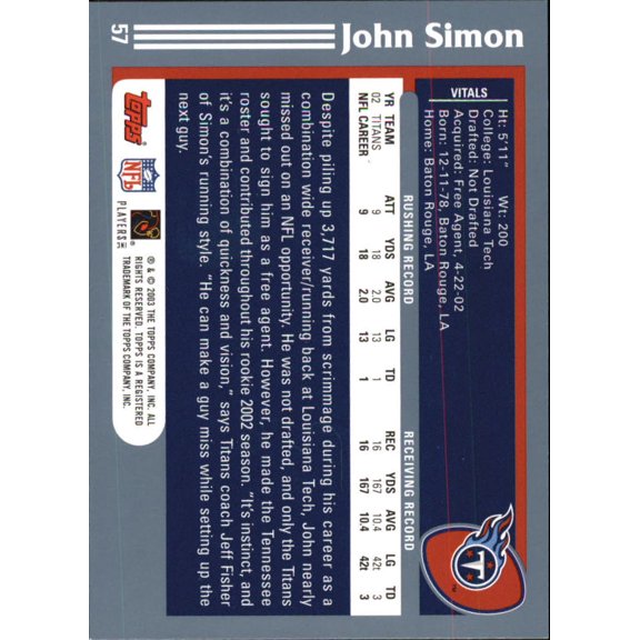 2003 Topps #57 John Simon NFL Football Trading Card