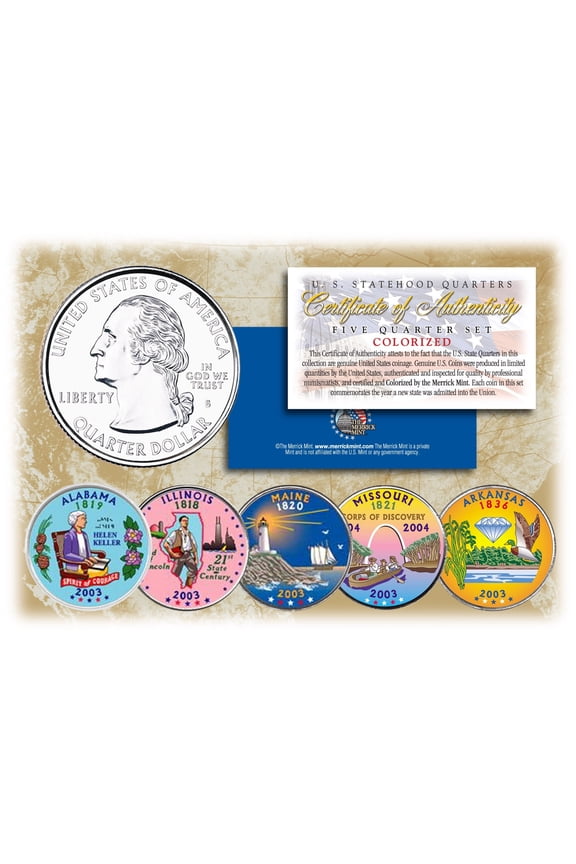 2003 US Statehood Quarters COLORIZED Legal Tender 5-Coin Complete Set w/Capsules