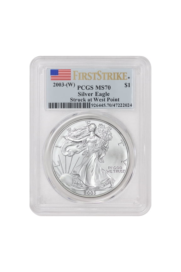 2003-(W) $1 Silver Eagle PCGS MS70 First Strike West Point Flag Label U.S. Mint Coin