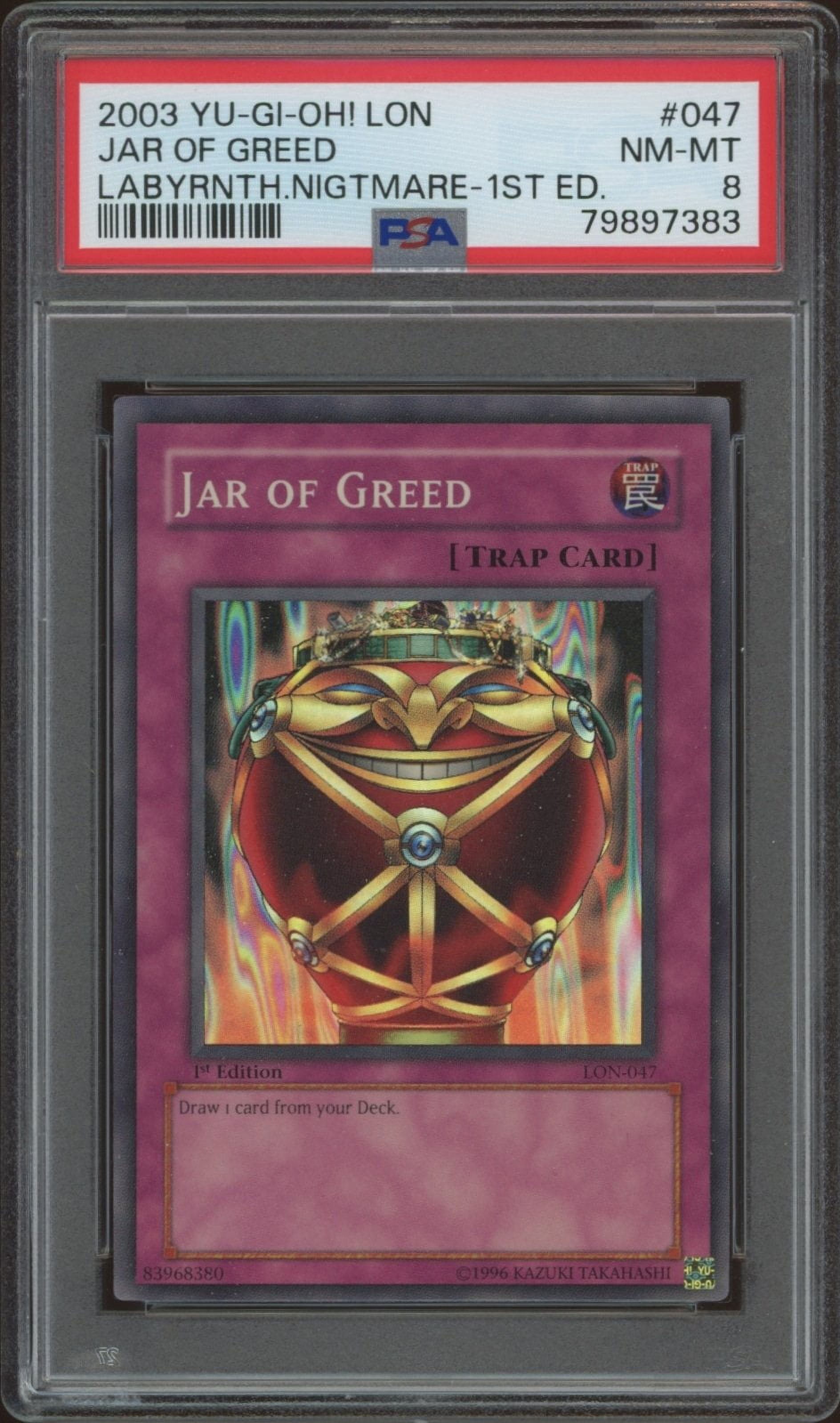 2003 Yu-Gi-Oh! Labyrinth of Nightmare (1st Edition) Jar of Greed #LON-047 (PSA 8)