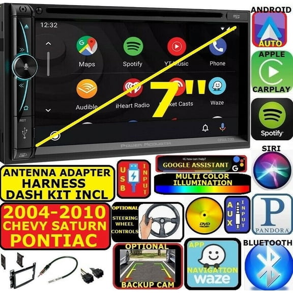 2004-10 CHEVY PONTIAC SATURN APPLE CARPLAY NAVIGATION (works with IPHONE) AM/FM USB/BLUETOOTH CAR RADIO STEREO PKG. INCL. VEHICLE HARDWARE: DASH KIT, WIRE HARNESS, AND ANTENNA ADAPTER WHEN REQIRED.