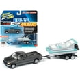 thumbnail image 1 of 2004 Ford F-250 Pickup Truck Dark Shadow Gray Metallic with Pontoon Boat Limited Edition to 4,504 pieces Worldwide \Hulls & Haulers\" Series 2 \"Johnny Lightning 50th Anniversary\" 1/64 Diec", 1 of 1