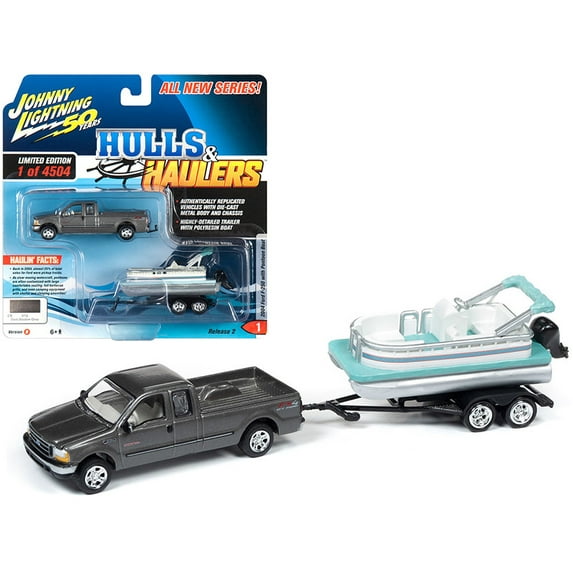 2004 Ford F-250 Pickup Truck Dark Shadow Gray Metallic with Pontoon Boat Limited Edition to 4,504 pieces Worldwide \Hulls & Haulers\" Series 2 \"Johnny Lightning 50th Anniversary\" 1/64 Diec"