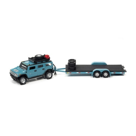 2004 Hummer H2 with Open Car Trailer, Custom Ocean Blue - Johnny Lightning JLSP202/24B - 1/64 scale Diecast Model Toy Car
