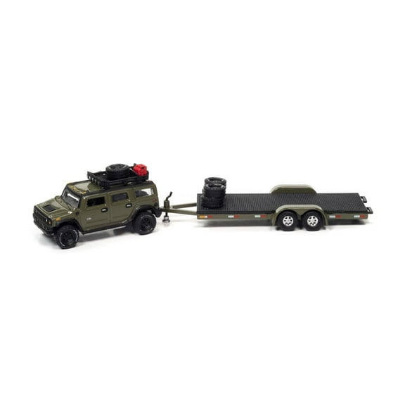 2004 Hummer H2 with Open Car Trailer, Medium Sage Green - Johnny Lightning JLSP202/24A - 1/64 scale Diecast Model Toy Car