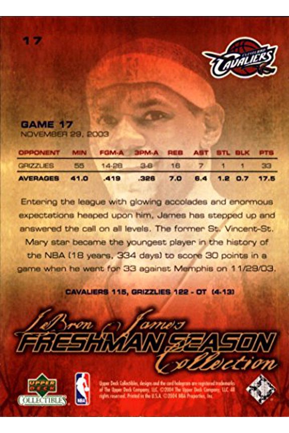 2004 Upper Deck LeBron James Freshman Season #17 LeBron James  NBA Basketball Trading Card