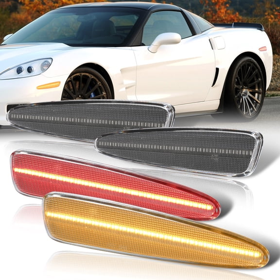 For 2005-2013 Chevrolet Corvette C6 (4-Pieces) Front Amber Rear Red LED Side Marker Lights Lamps Assembly Set (Clear Lens) - Bumper Fender Chevy 06 07 08 09 10 11 12