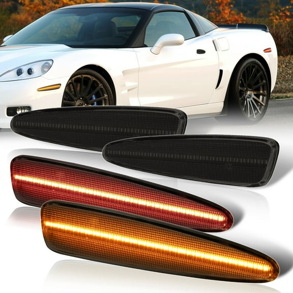 For 2005-2013 Chevrolet Corvette C6 (4-Pieces) Front Amber Rear Red LED Side Marker Lights Lamps Assembly Set (Smoked Lens) - Bumper Fender Chevy 06 07 08 09 10 11 12