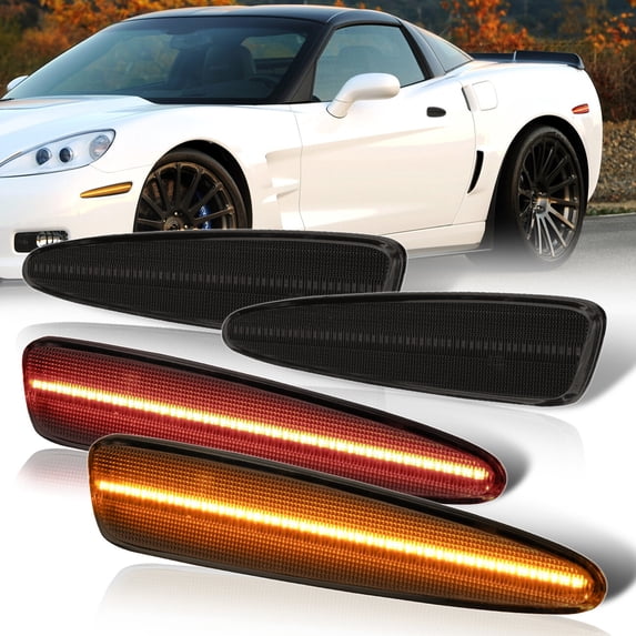 For 2005-2013 Chevrolet Corvette C6 (4-Pieces) Front Amber Rear Red LED Side Marker Lights Lamps Assembly Set (Smoked Lens) - Bumper Fender Chevy 06 07 08 09 10 11 12