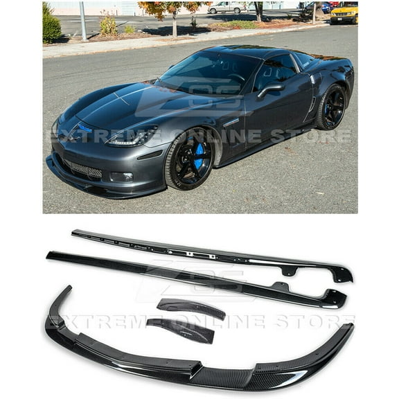 For 2005-2013 Chevrolet Corvette C6 Wide Body Models | ZR1 Style Front Bumper Lower Lip Splitter With Side Skirts Rocker Panels Mud Flaps Pair (ABS Plastic - Hydro-Dipped Carbon Fiber)
