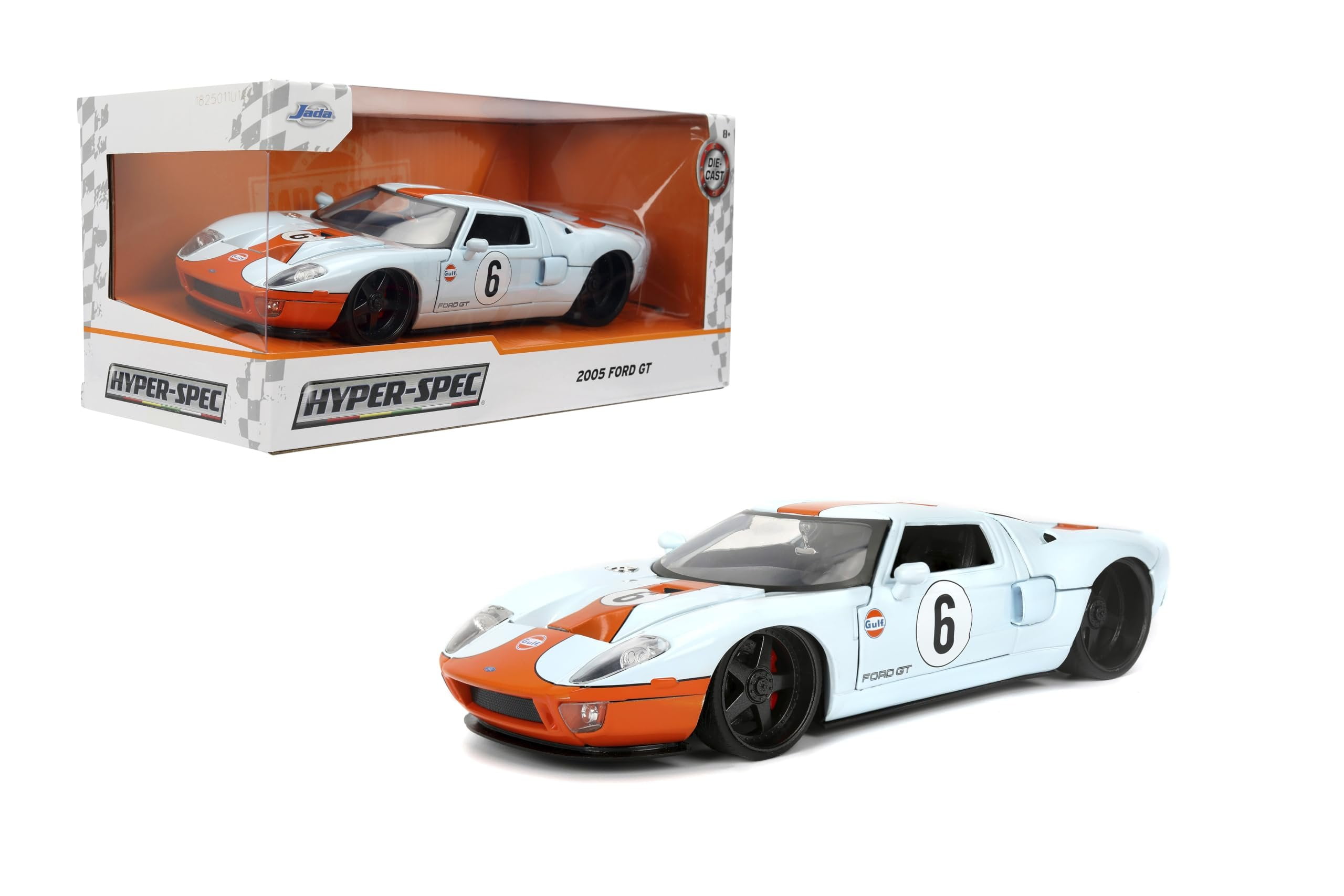 Jada 36373 1-24 Scale 2005 Ford GT No.6 Gulf Oil Light Hyper-Spec Series Diecast Model Car - Blue & Orange