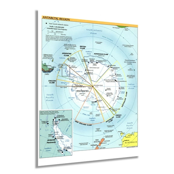 2005 Map of the Antarctic Region - Antarctic Peninsula Map - Shows Territorial Claims and Year-Round Research Stations - Antarctica Poster - Map of Antarctica