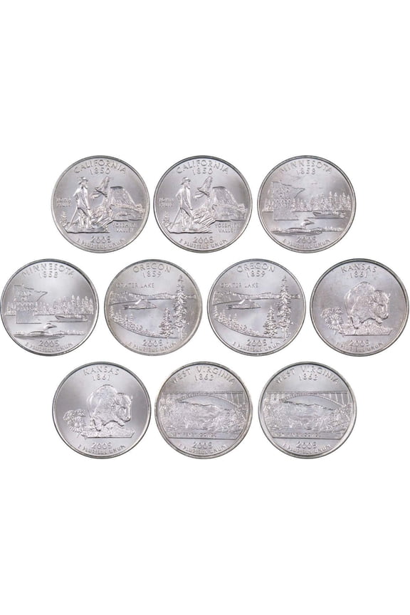 2005 P&D State Quarter 10 Coin Set BU Uncirculated Mint State 25c Collectible