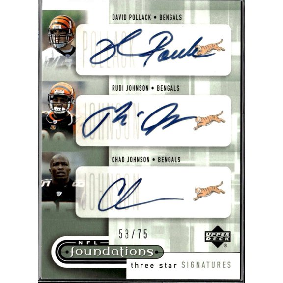 2005 Upper Deck NFL Foundations Three Star Signatures 3S-PJJ Chad Johnson Rudi Johnson David Pollack Auto 53/75 Cincinnati Bengals NFL Autographed Foo
