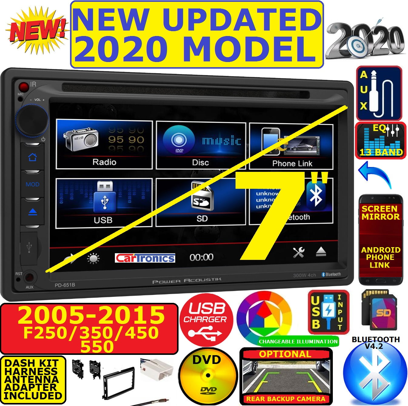 Power Acoustik 2-DIN Multimedia System 7 LCD, Bluetooth Car In-Dash Unit
