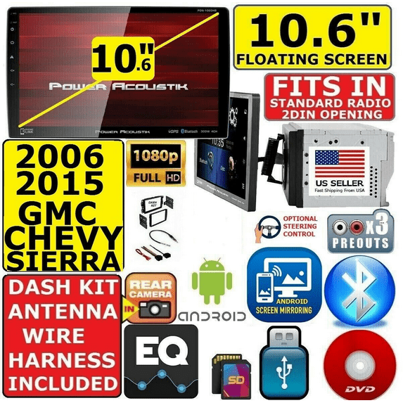 2006-2015 CHEVROLET GMC SILVERADO SIERRA SAVANA 10.6" BLUETOOTH PKG INCLUDES VEHICLE SPECIFIC INSTALLATION HARDWARE INCLUDING DASH KIT, WIRE HARNESS, AND ANTENNA ADAPTER WHEN REQIRED.